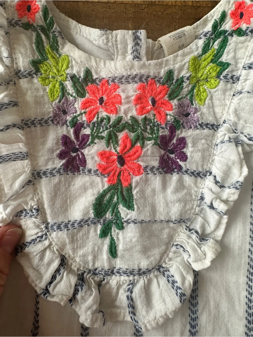 Tucker + Tate White Striped Two-Piece Set with Colorful Floral Embroidery